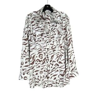 FINLEY Light Blue/Brown ANIMAL PRINT Button-Up V-NECK Pockets SHIRT/TOP Sz L